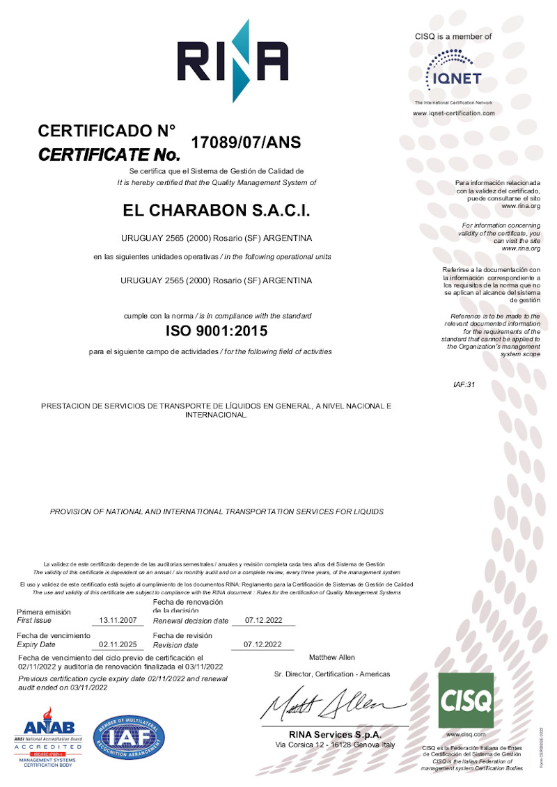 Certificado ISO:9001 Rina